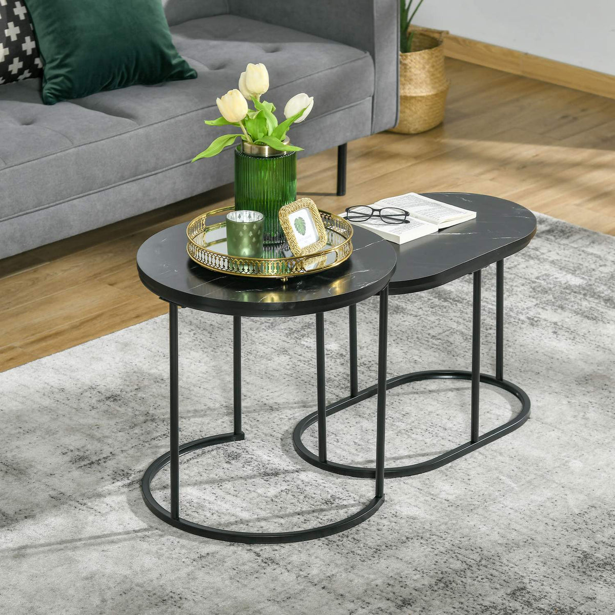 Set Of 2 Coffee Tables Round Oval Order Table Coffee Table Stackable With Faux Marble Side Up To 30 Kg Mdf Steel Black Ø50 X 50.5H Cm