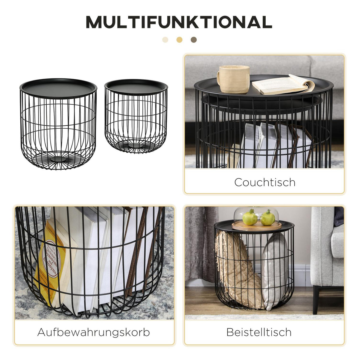 Set Of 2 Coffee Tables, Side Tables In Scandi Design, Coffee Table With Storage Space, Steel, Black
