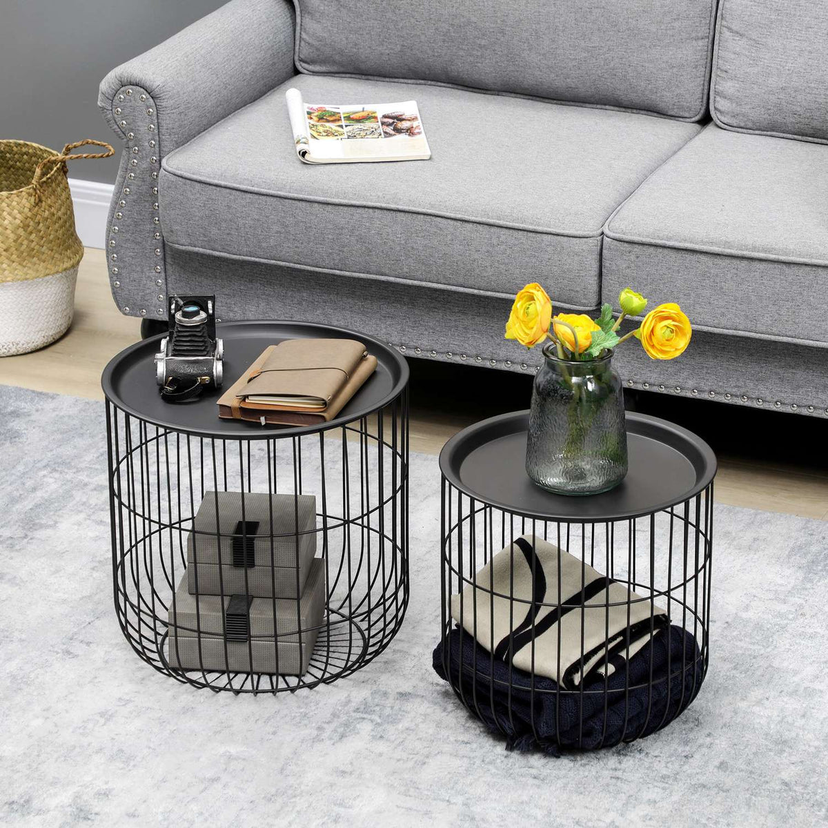 Set Of 2 Coffee Tables, Side Tables In Scandi Design, Coffee Table With Storage Space, Steel, Black