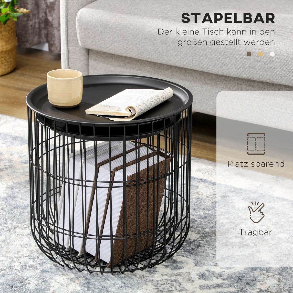Set Of 2 Coffee Tables, Side Tables In Scandi Design, Coffee Table With Storage Space, Steel, Black
