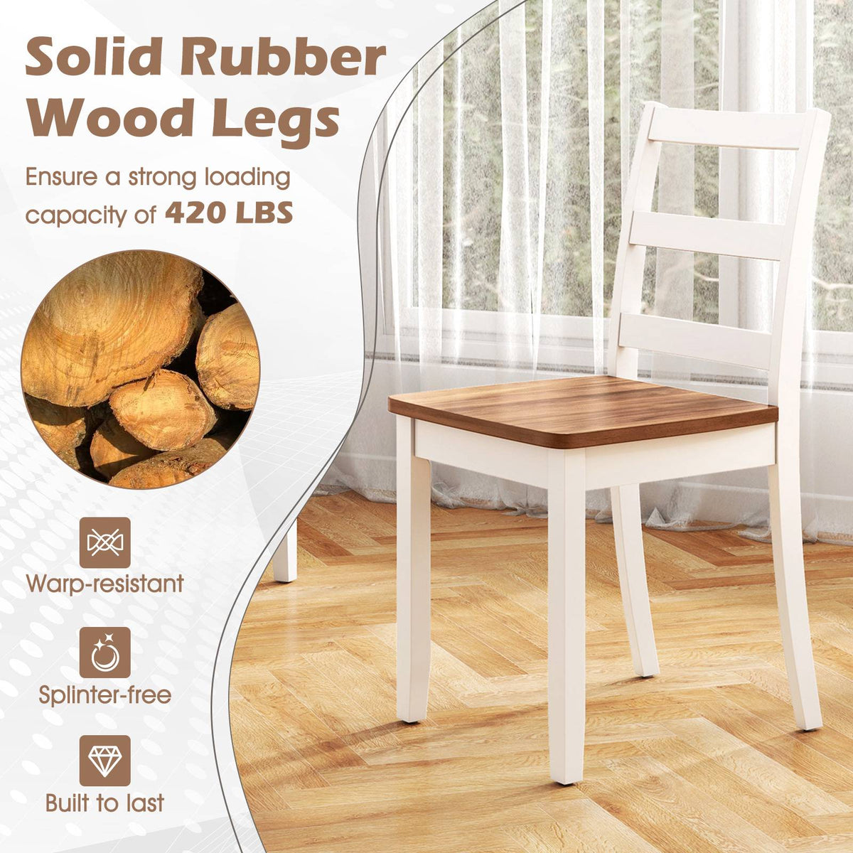Set Of 2 Dining Chairs, Ladder Back, Rubberwood Legs