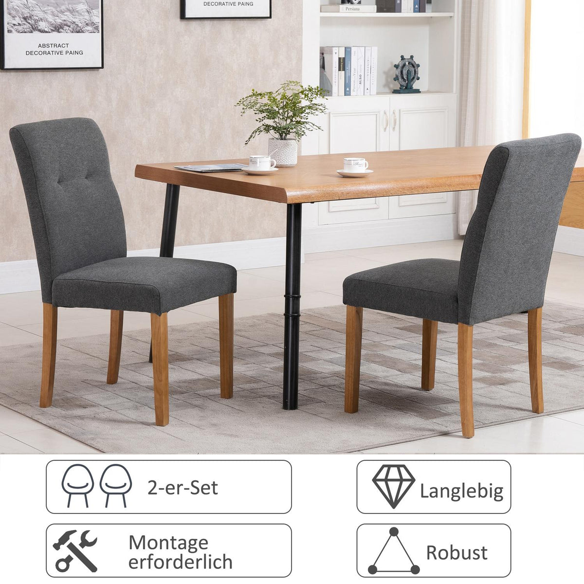 Set Of 2 Dining Chairs Padded Seat Linen-Polyester Dark Gray 50X62X96Cm