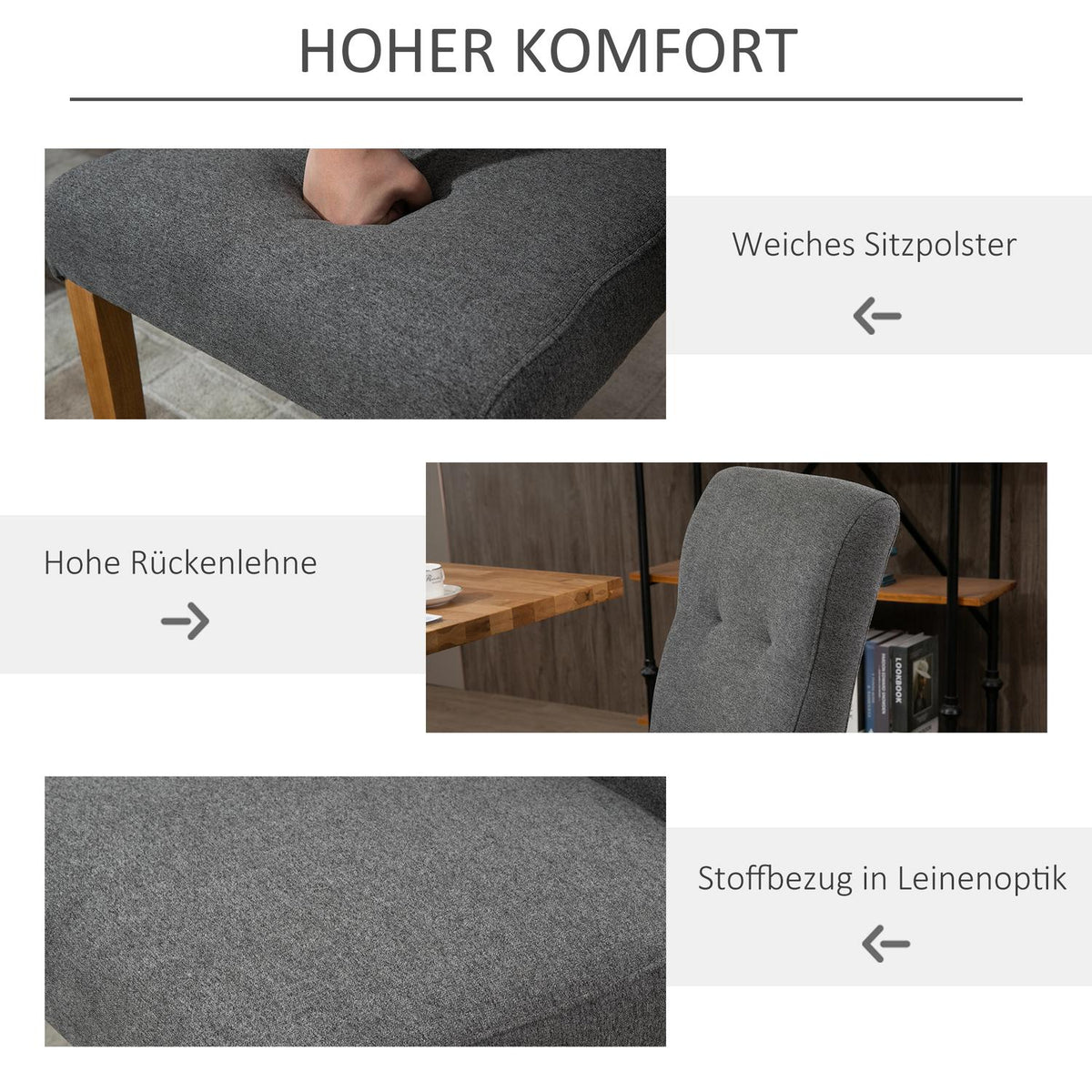Set Of 2 Dining Chairs Padded Seat Linen-Polyester Dark Gray 50X62X96Cm
