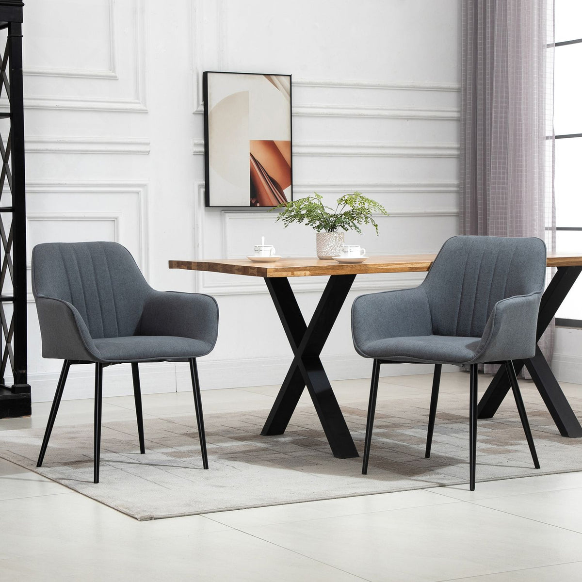 Set Of 2 Dining Room Chairs Comfortable Chairs With Breathable Linen Cover, Back & Armrest, Metal Legs, Dark Gray, 59.5X56.5X81Cm