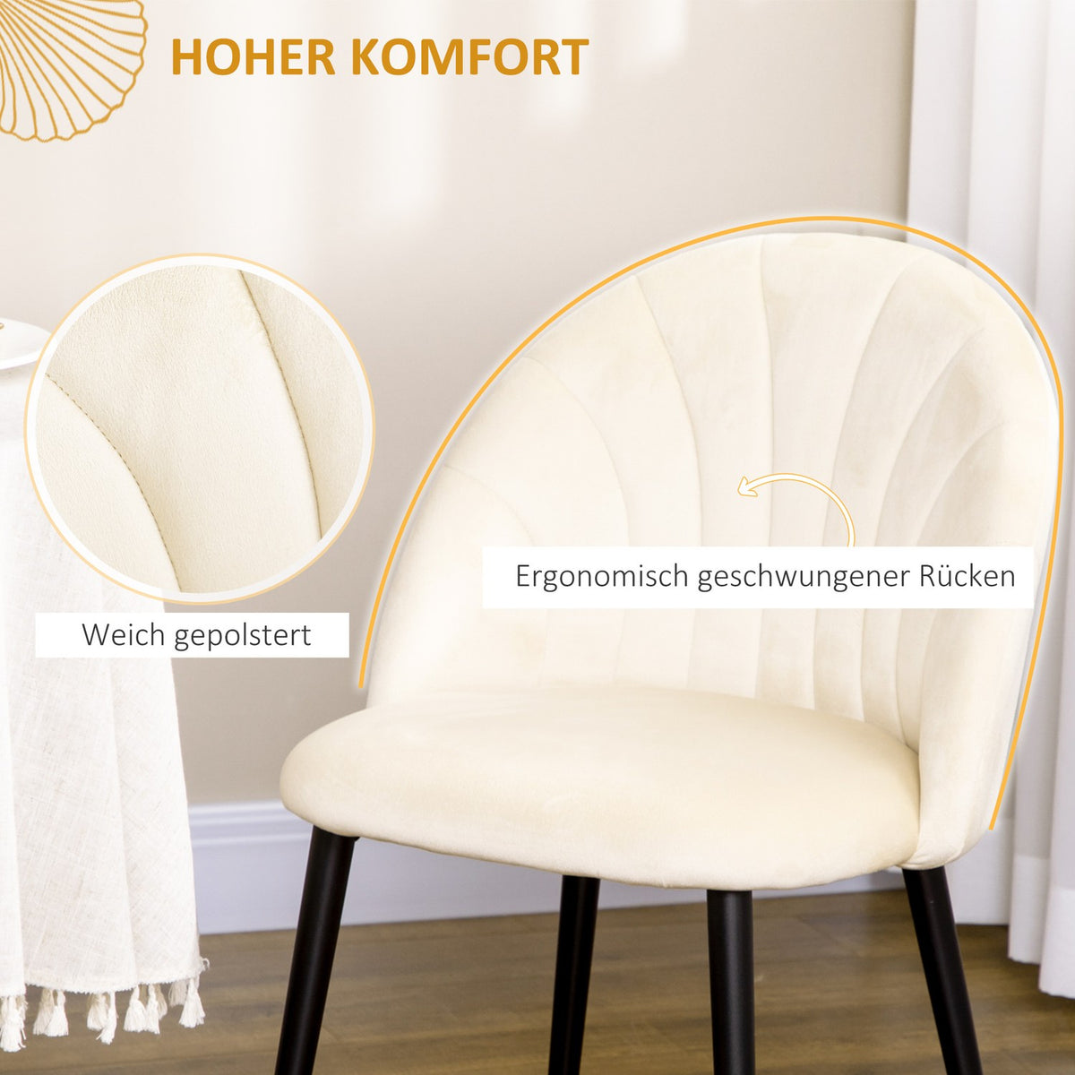 Set Of 2 Dining Room Chairs Comfortable Kitchen Chair, Upholstered Chair With Backrest, Dining Chair, Velvet Look, Steel Legs, Cream