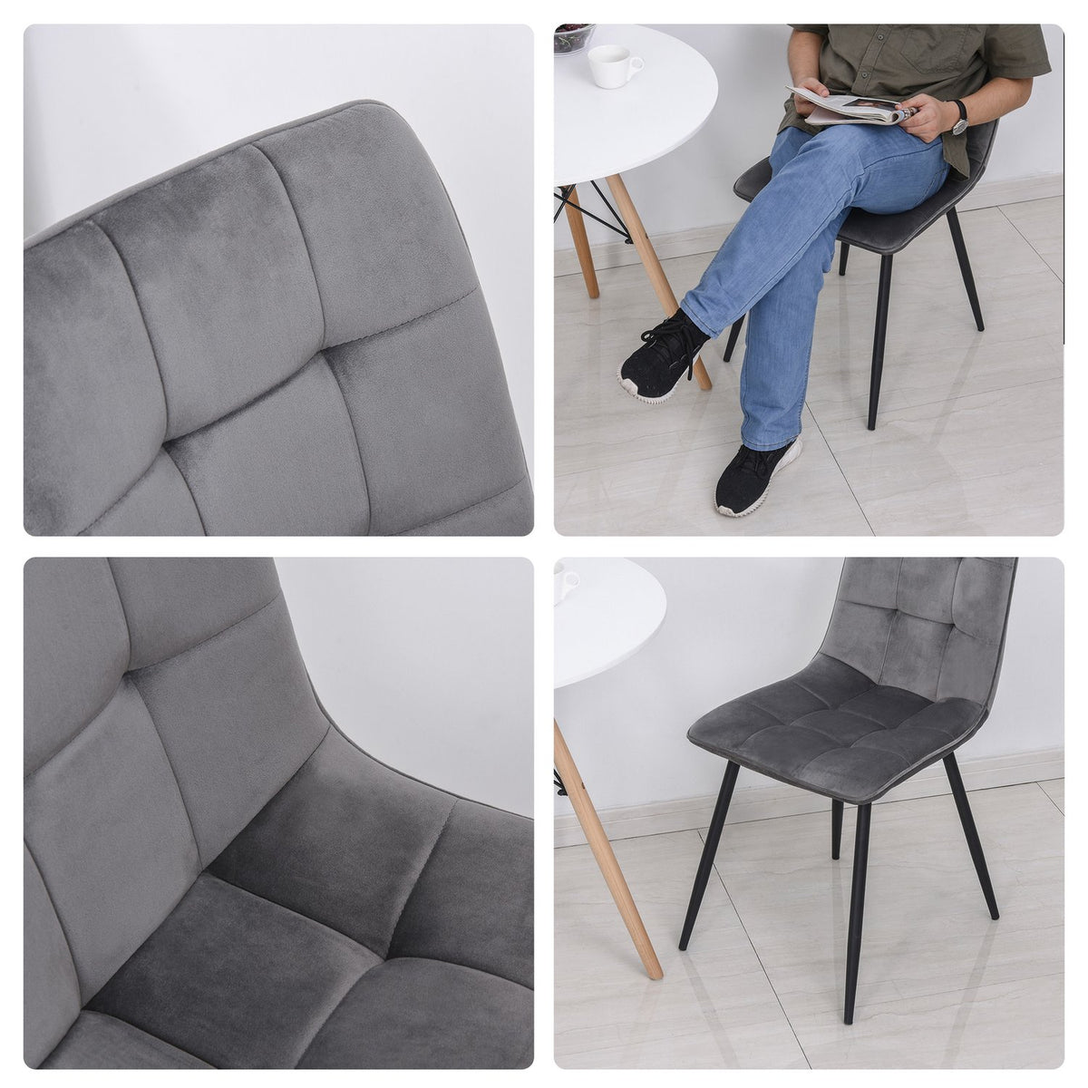 Set Of 2 Dining Room Chairs Upholstered Chairs Kitchen Chair Dining Table Foam Metal Gray + Black 45 X 63 X 90 Cm
