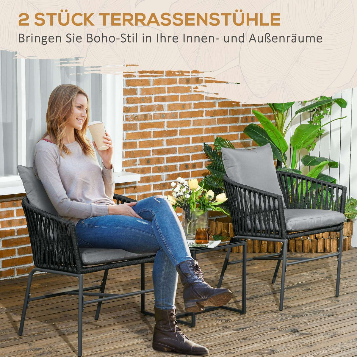 Set Of 2 Garden Chairs With Cushions, Boho Style Garden Chair Set, Garden Chair, Garden Furniture, Balcony Chair, Patio Chair, Metal Frame