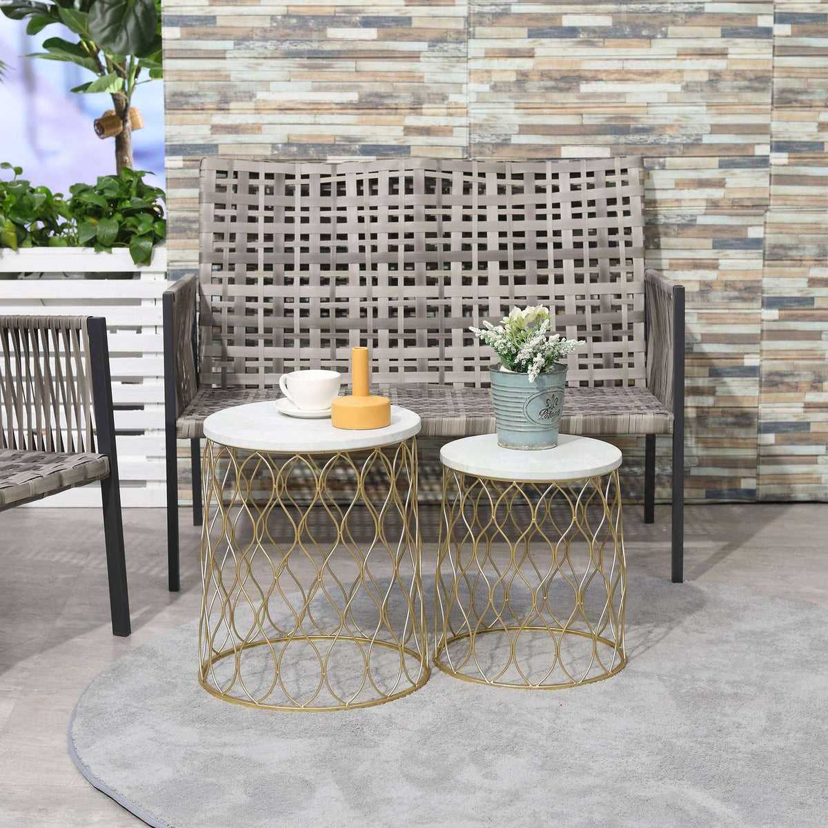Set Of 2 Garden Table Side Tables Retro Wire Basket Design Metal Basket Garden Set Of Tables Outdoor Steel Gold + White Diameter 41 X 46 Cm