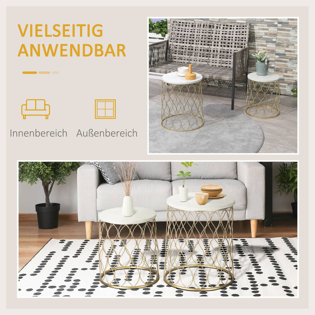 Set Of 2 Garden Table Side Tables Retro Wire Basket Design Metal Basket Garden Set Of Tables Outdoor Steel Gold + White Diameter 41 X 46 Cm