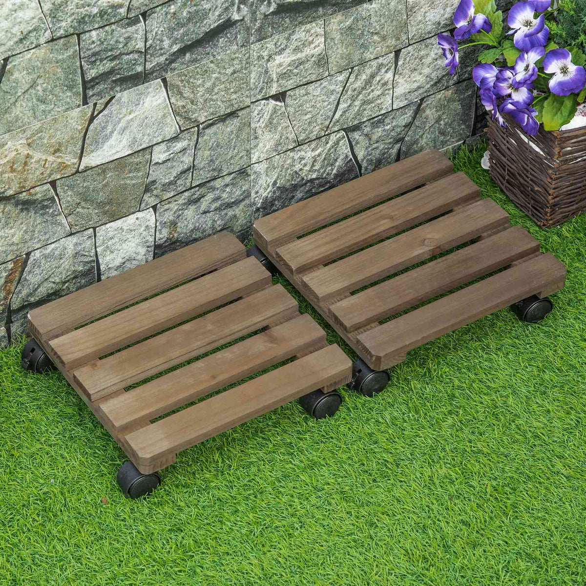 Set Of 2 Plant Rollers Rolling Plant Stand With Brakes, Dark Brown, 30X30Cm, For Indoor/Outdoor