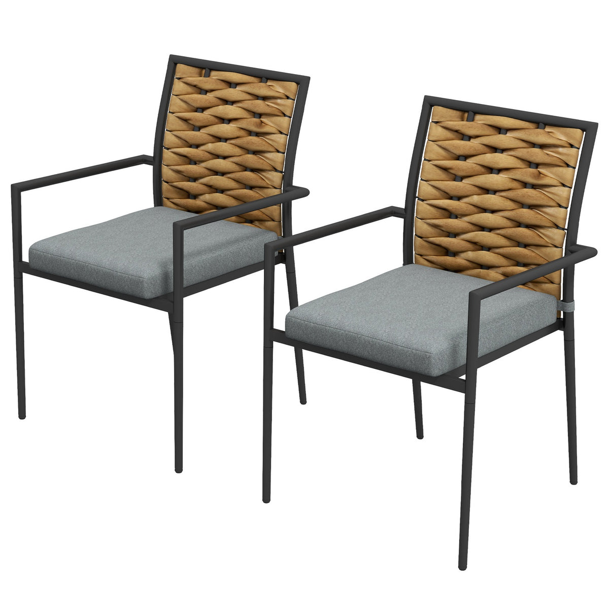 Set Of 2 Rattan Garden Chairs Cushions Stackable Patio Steel Gray 57X58X87Cm