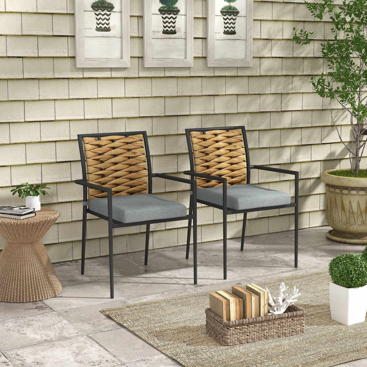 Set Of 2 Rattan Garden Chairs Cushions Stackable Patio Steel Gray 57X58X87Cm