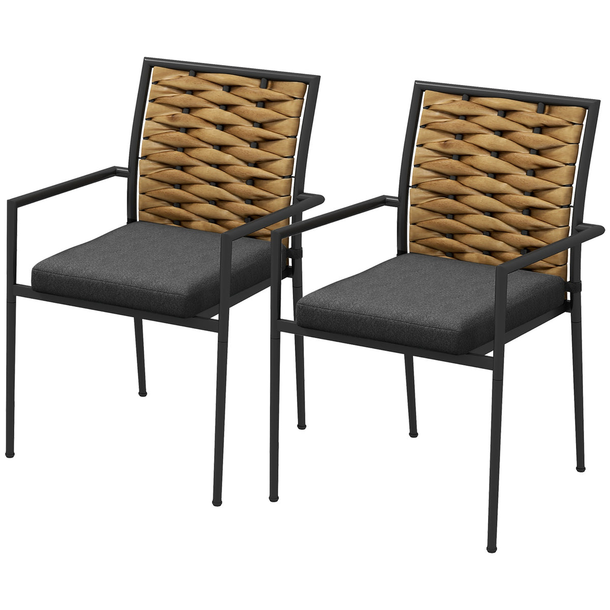 Set Of 2 Rattan Garden Chairs Set With Cushions, Stackable Garden Chairs, Balcony Chairs For Patio, Steel, 57 X 58 X 87 Cm, Black