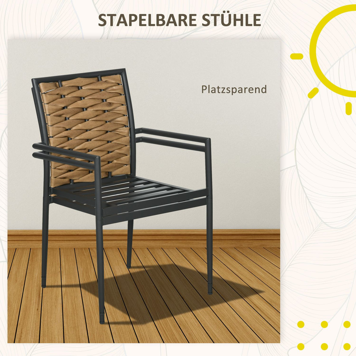 Set Of 2 Rattan Garden Chairs Set With Cushions, Stackable Garden Chairs, Balcony Chairs For Patio, Steel, 57 X 58 X 87 Cm, Black