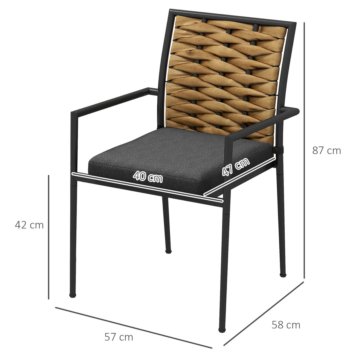 Set Of 2 Rattan Garden Chairs Set With Cushions, Stackable Garden Chairs, Balcony Chairs For Patio, Steel, 57 X 58 X 87 Cm, Black