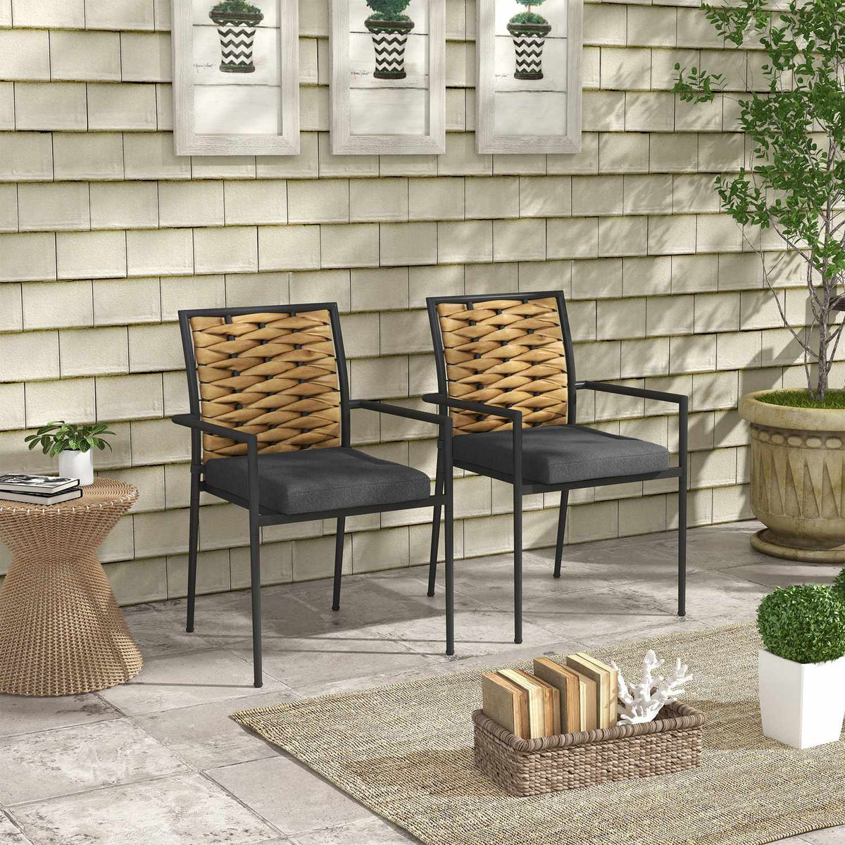 Set Of 2 Rattan Garden Chairs Set With Cushions, Stackable Garden Chairs, Balcony Chairs For Patio, Steel, 57 X 58 X 87 Cm, Black
