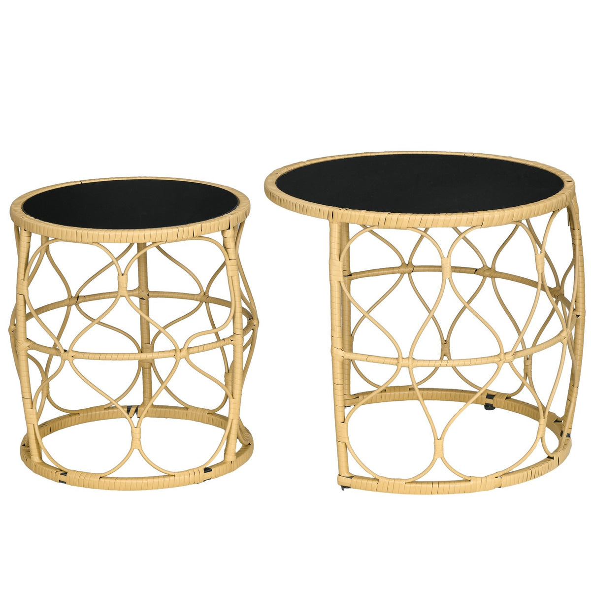 Set Of 2 Rattan Side Tables With Glass Top Stackable Boho Style Khaki