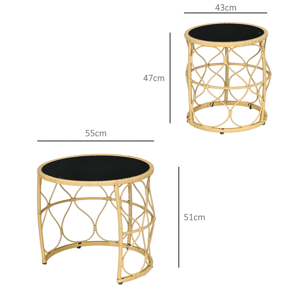 Set Of 2 Rattan Side Tables With Glass Top Stackable Boho Style Khaki