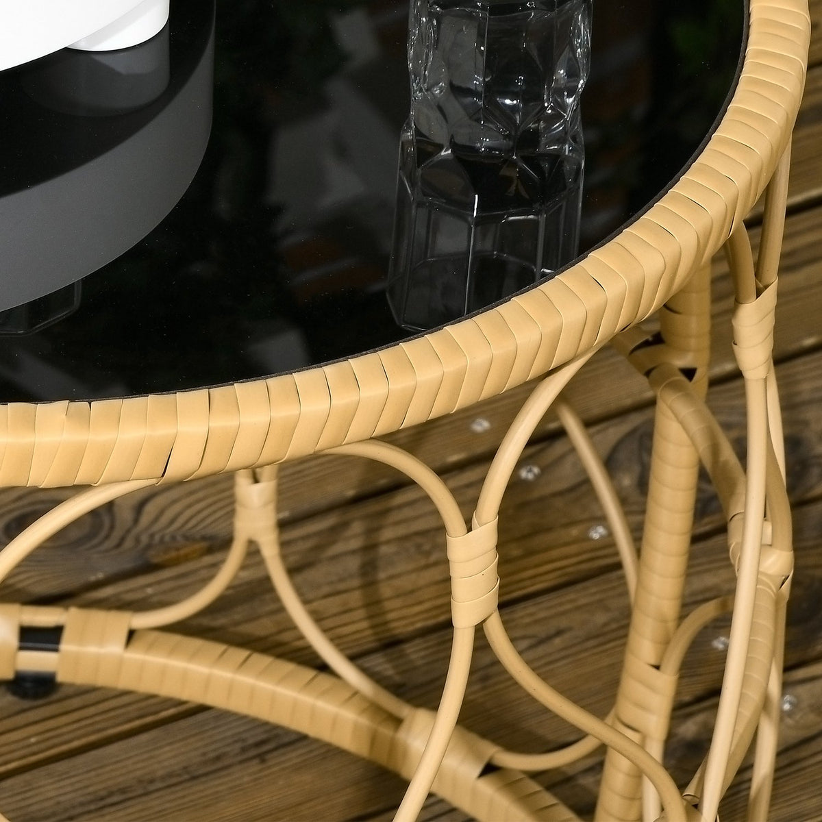 Set Of 2 Rattan Side Tables With Glass Top Stackable Boho Style Khaki