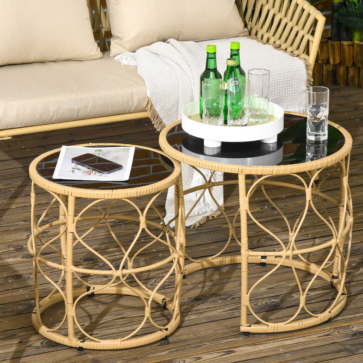 Set Of 2 Rattan Side Tables With Glass Top Stackable Boho Style Khaki