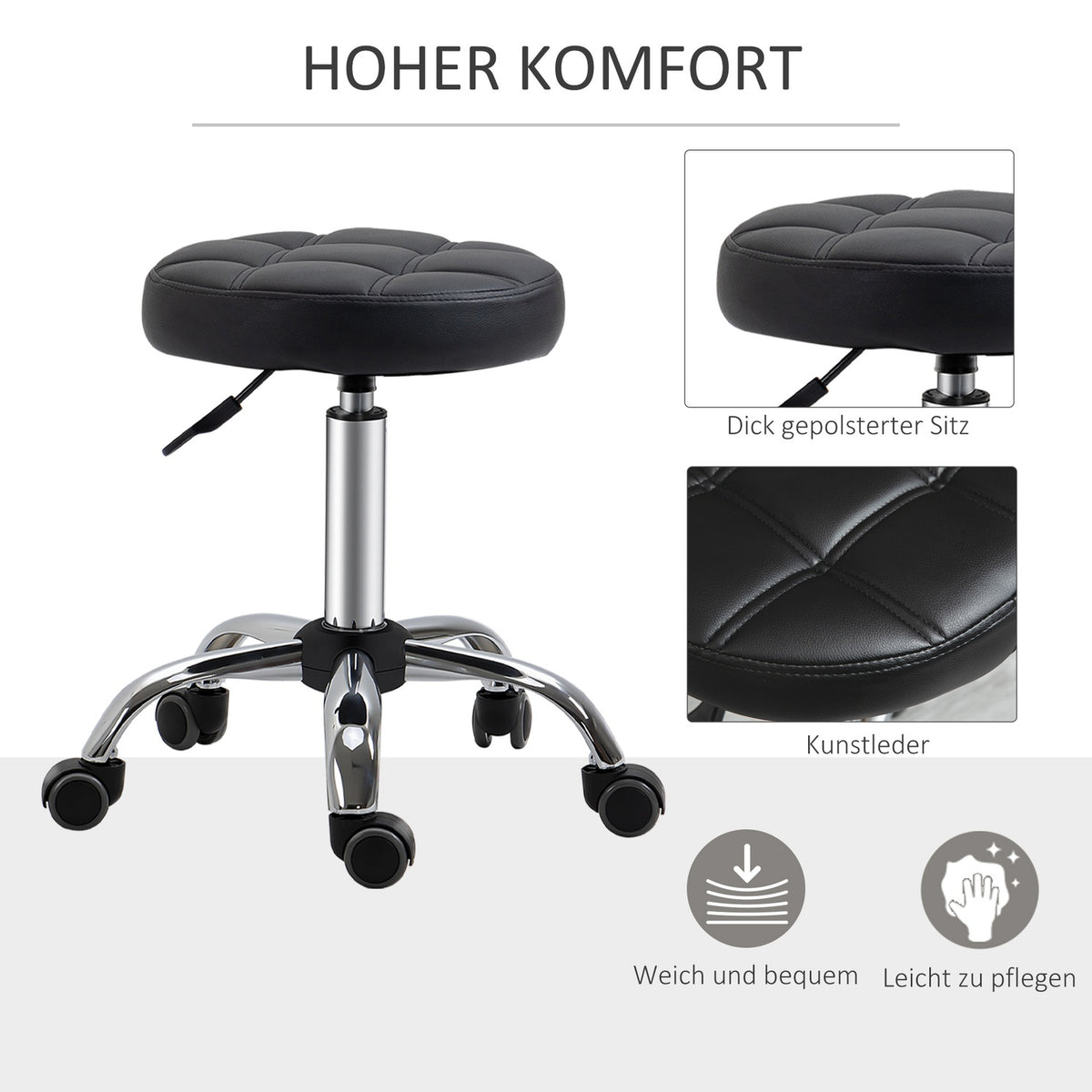 Set Of 2 Salon Stools, Rolling Stools, Height-Adjustable Swivel Stools, With Wheels, Faux Leather, Black, Ø35.5X48-63Cm