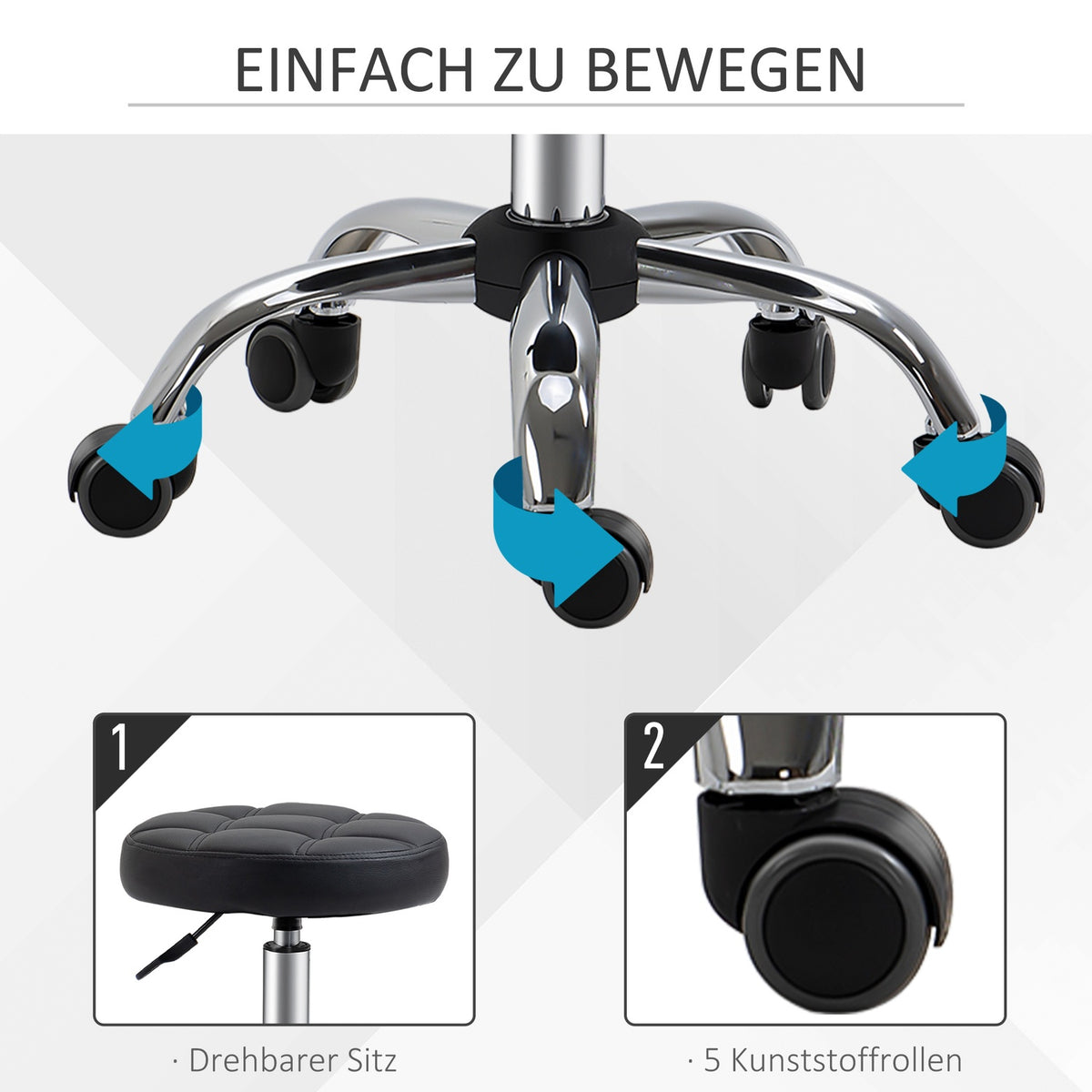 Set Of 2 Salon Stools, Rolling Stools, Height-Adjustable Swivel Stools, With Wheels, Faux Leather, Black, Ø35.5X48-63Cm