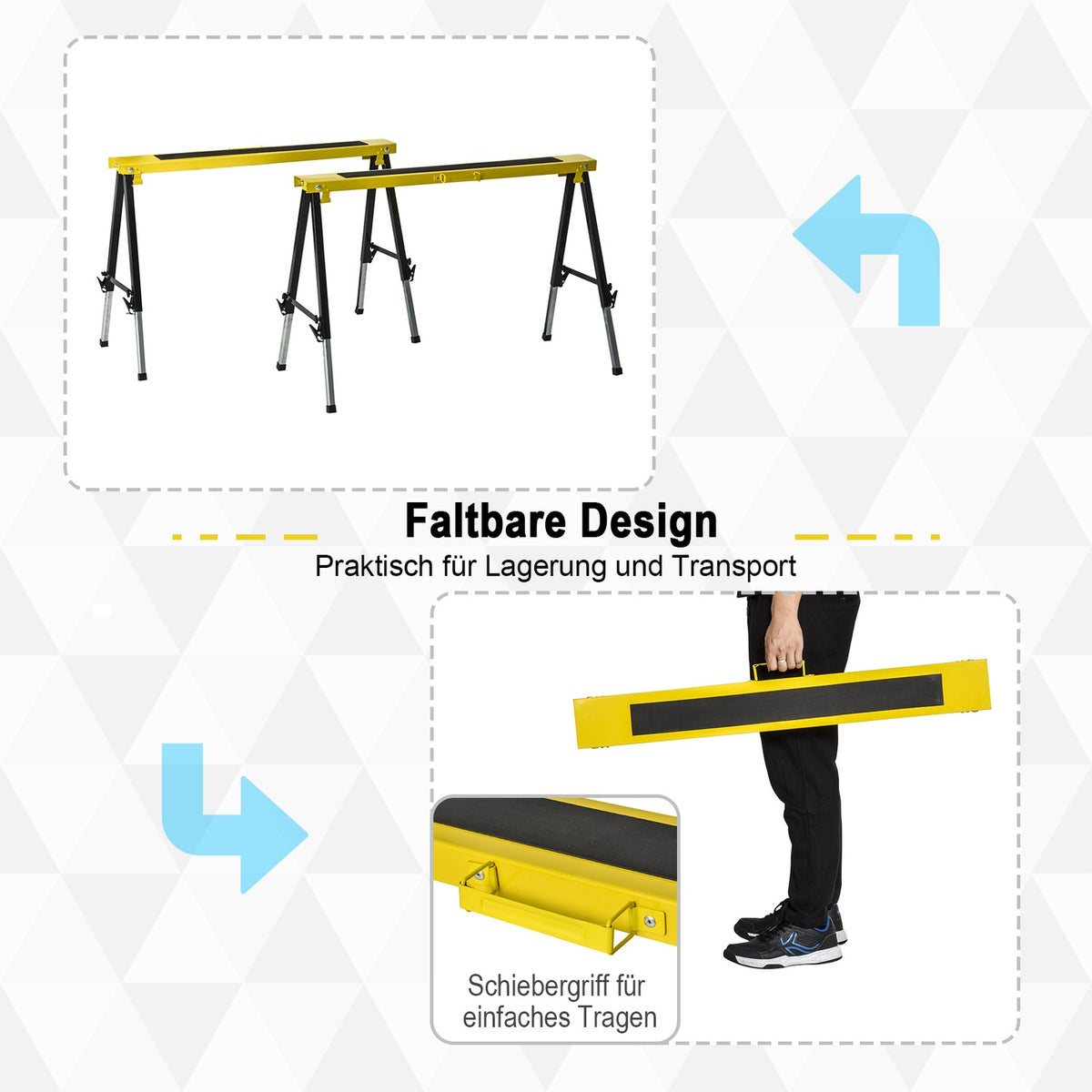 Set Of 2 Saw Horse Work Trestle Folding Non-Slip Steel Yellow Black 100 X 49 X 62-90 Cm Load Capacity 100 Kg