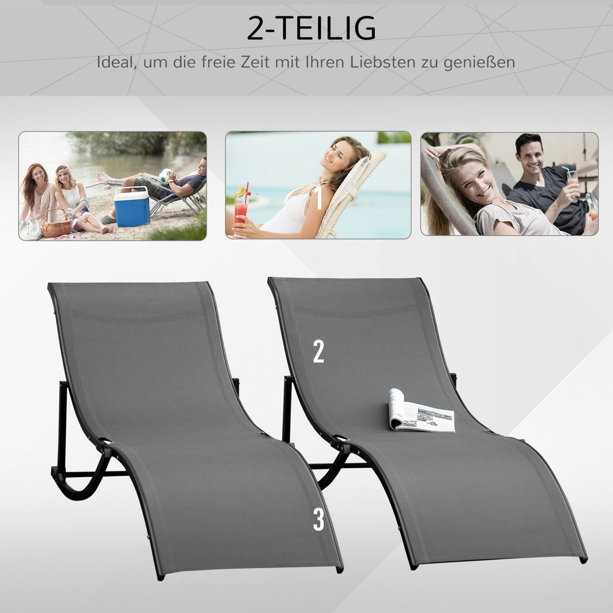 Set Of 2 Sun Loungers, Garden Loungers, Fabric Loungers, Ergonomic Aluminum Textline Dark Gray 165 X 61 X 63 Cm