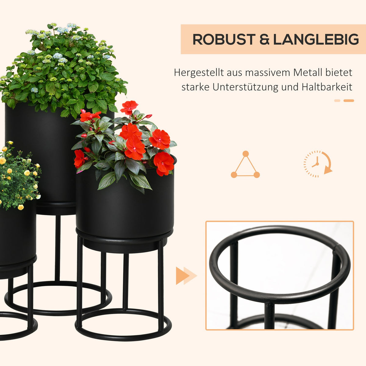 Set Of 3 Flower Stands With Flower Pot, Metal Plant Stand Set, Flower Stool In Black, Stackable