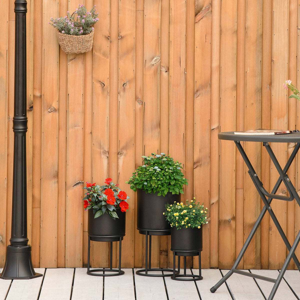 Set Of 3 Flower Stands With Flower Pot, Metal Plant Stand Set, Flower Stool In Black, Stackable