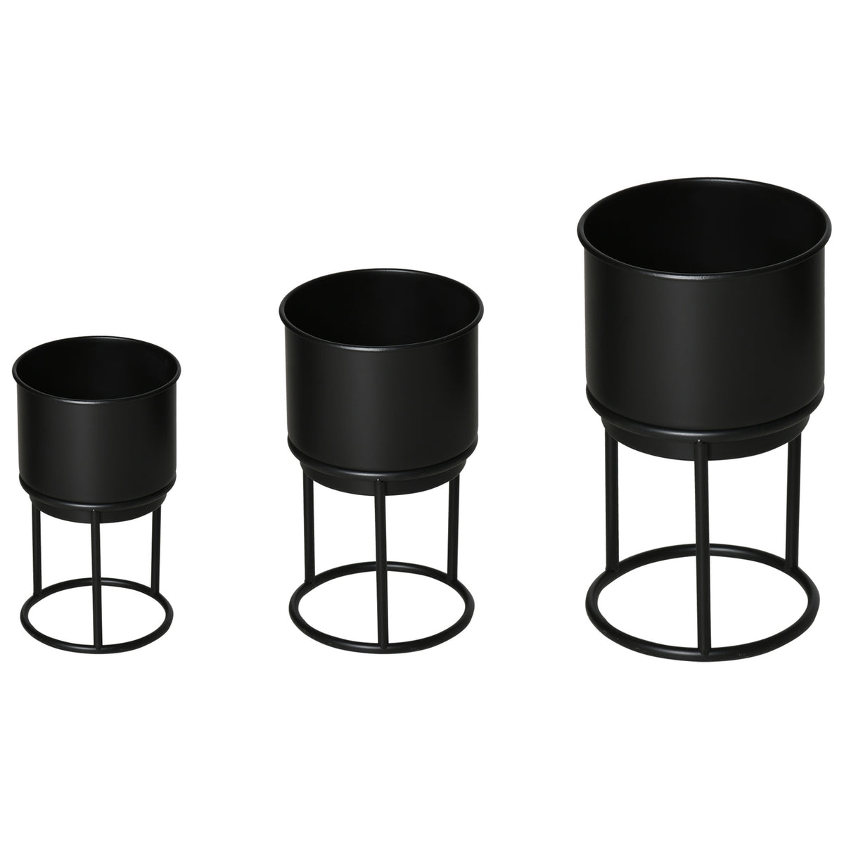 Set Of 3 Flower Stands With Flower Pot, Metal Plant Stand Set, Flower Stool In Black, Stackable