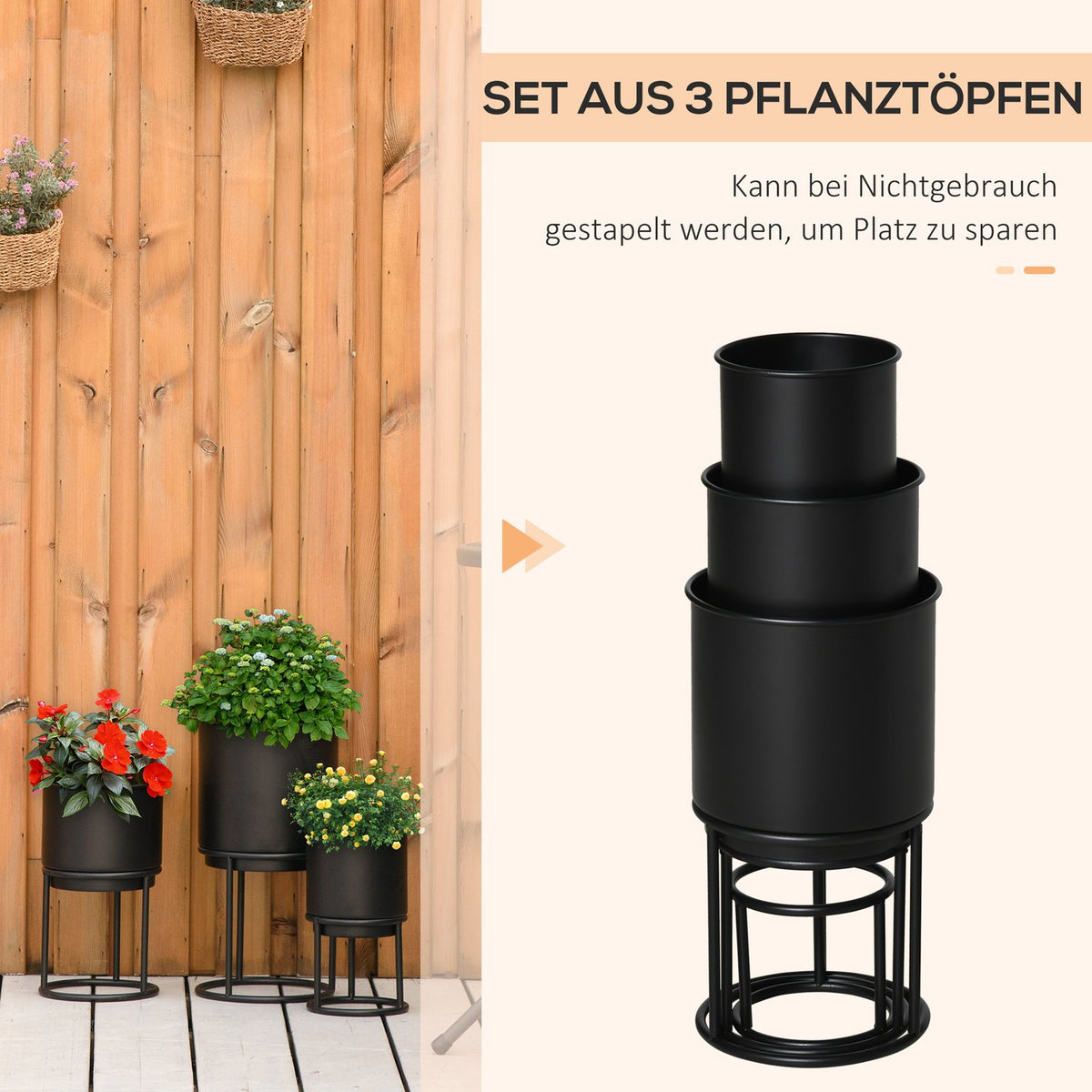 Set Of 3 Flower Stands With Flower Pot, Metal Plant Stand Set, Flower Stool In Black, Stackable
