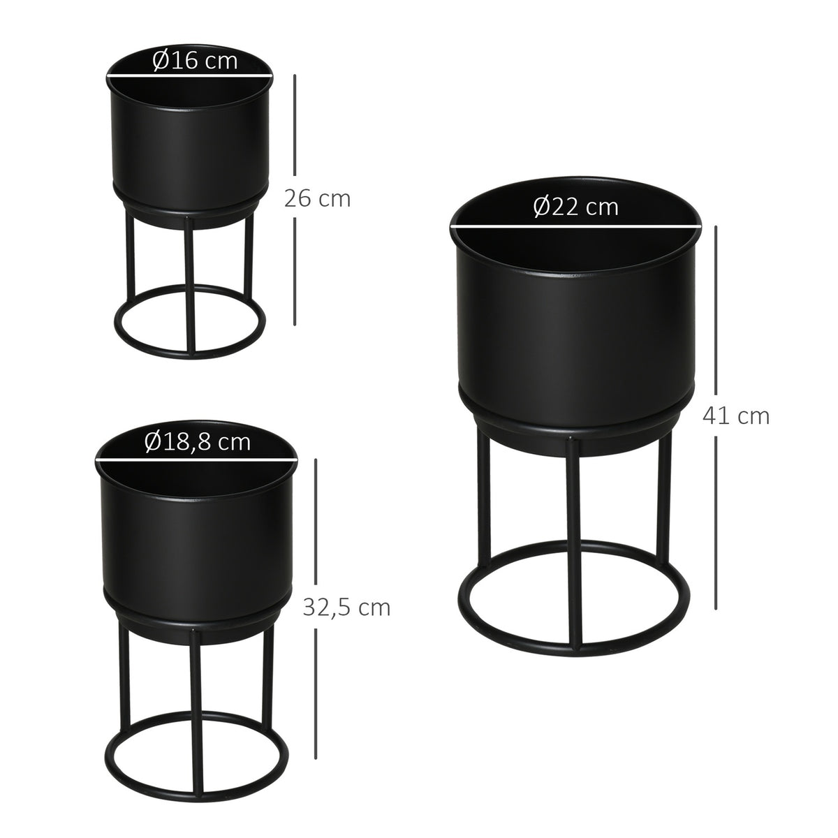 Set Of 3 Flower Stands With Flower Pot, Metal Plant Stand Set, Flower Stool In Black, Stackable