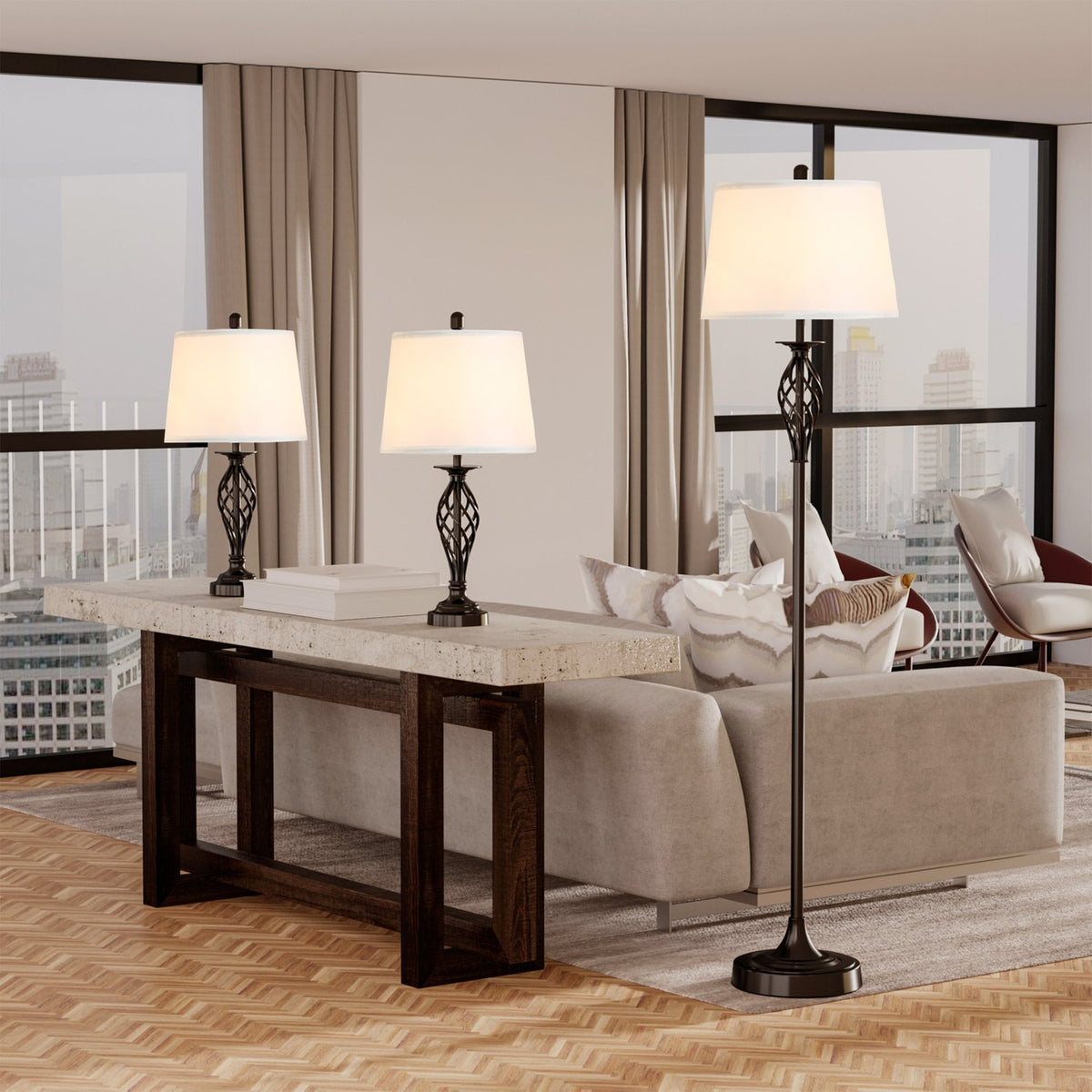 Set Of 3 Lamps 2 Table Lamps 1 Floor Lamp Vintage Metal Cotton Black + White Table Lamp Diameter 38 X 158 Cm Floor Lamp Diameter 30 X 62 Cm