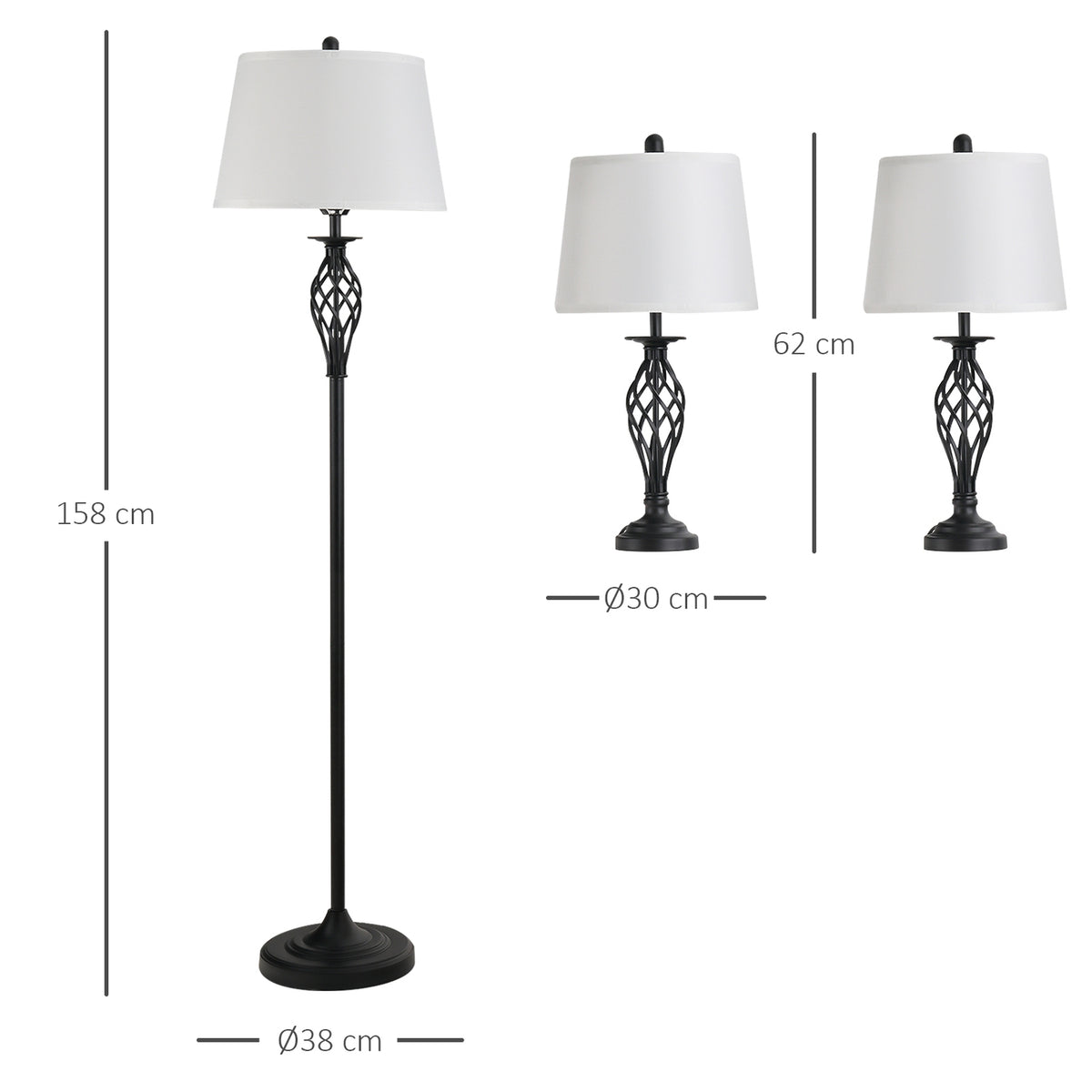 Set Of 3 Lamps 2 Table Lamps 1 Floor Lamp Vintage Metal Cotton Black + White Table Lamp Diameter 38 X 158 Cm Floor Lamp Diameter 30 X 62 Cm
