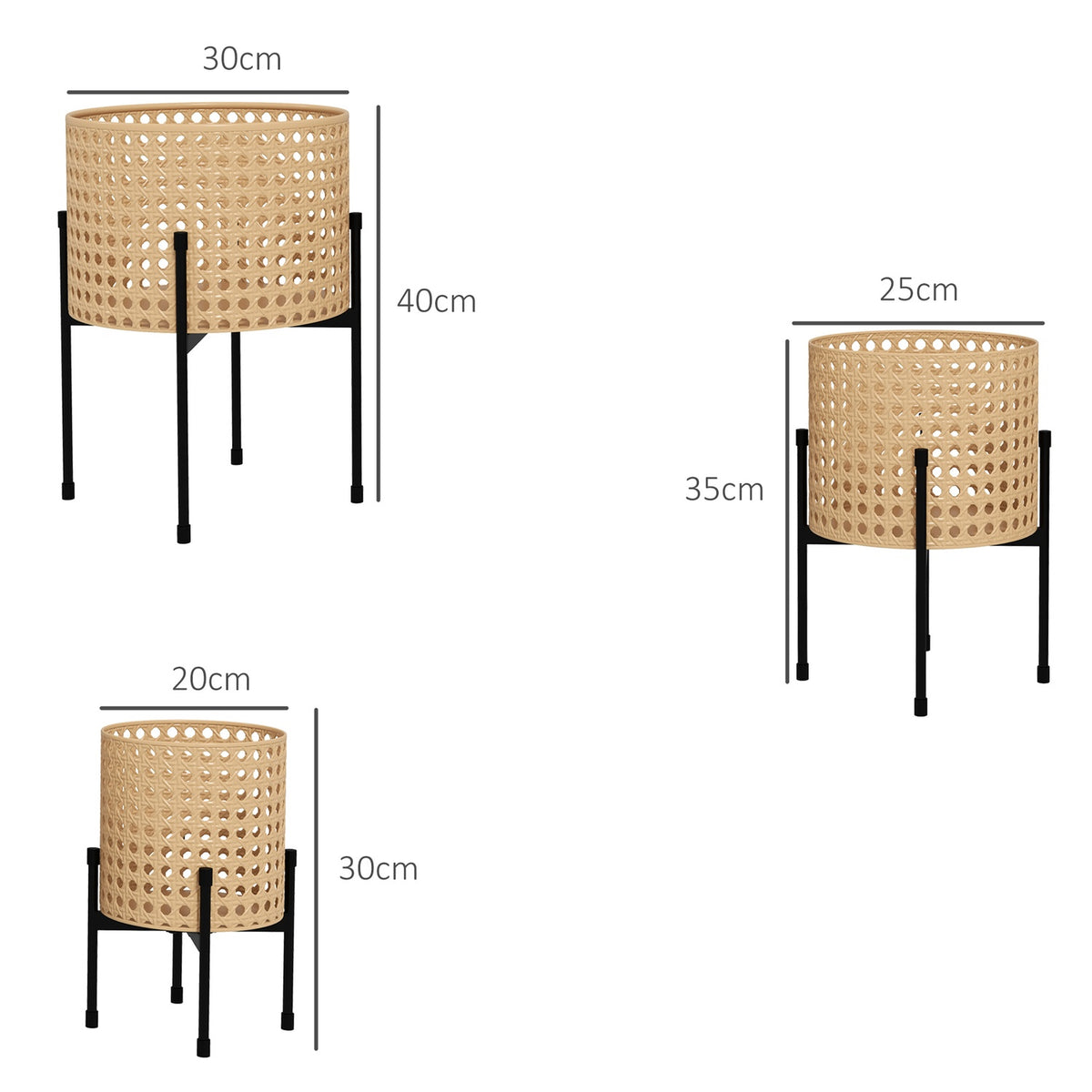 Set Of 3 Plant Stands Flower Stands With Rattan Look, Steel, Gold, For Indoor & Outdoor