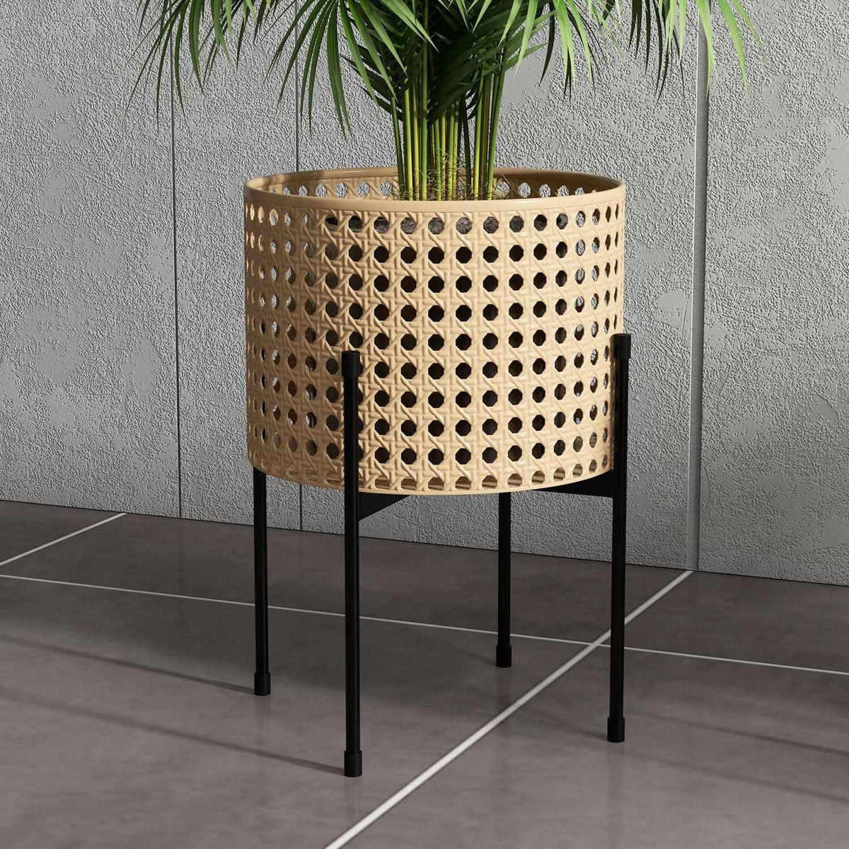 Set Of 3 Plant Stands Flower Stands With Rattan Look, Steel, Gold, For Indoor & Outdoor