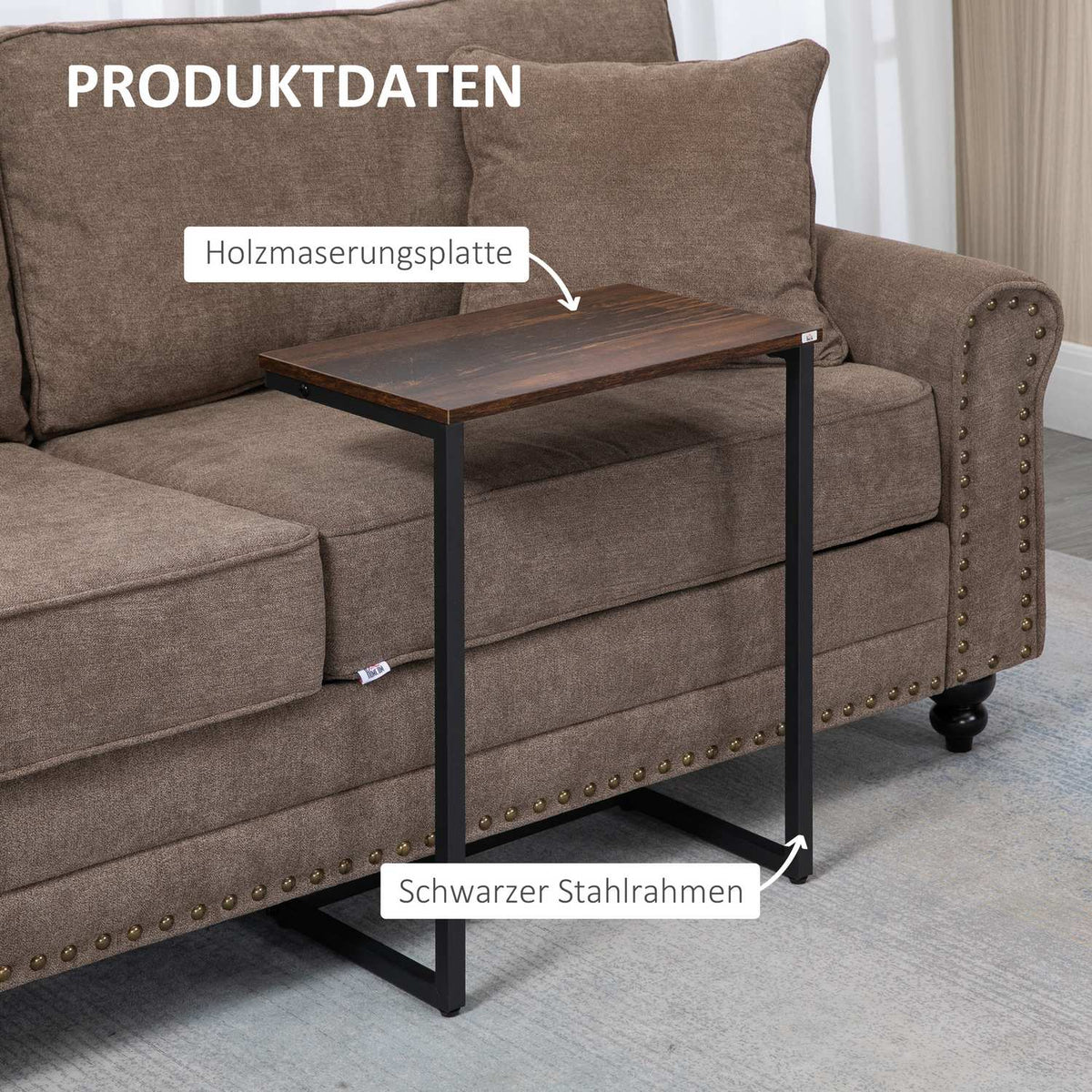 Set Of 3 Side Tables Space Saving C-Shaped Industrial Design Steel Frame For Living Room Rustic Brown