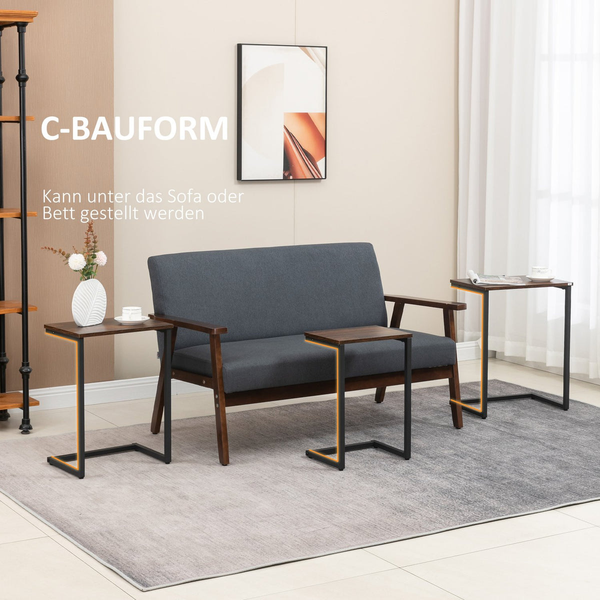 Set Of 3 Side Tables Space Saving C-Shaped Industrial Design Steel Frame For Living Room Rustic Brown