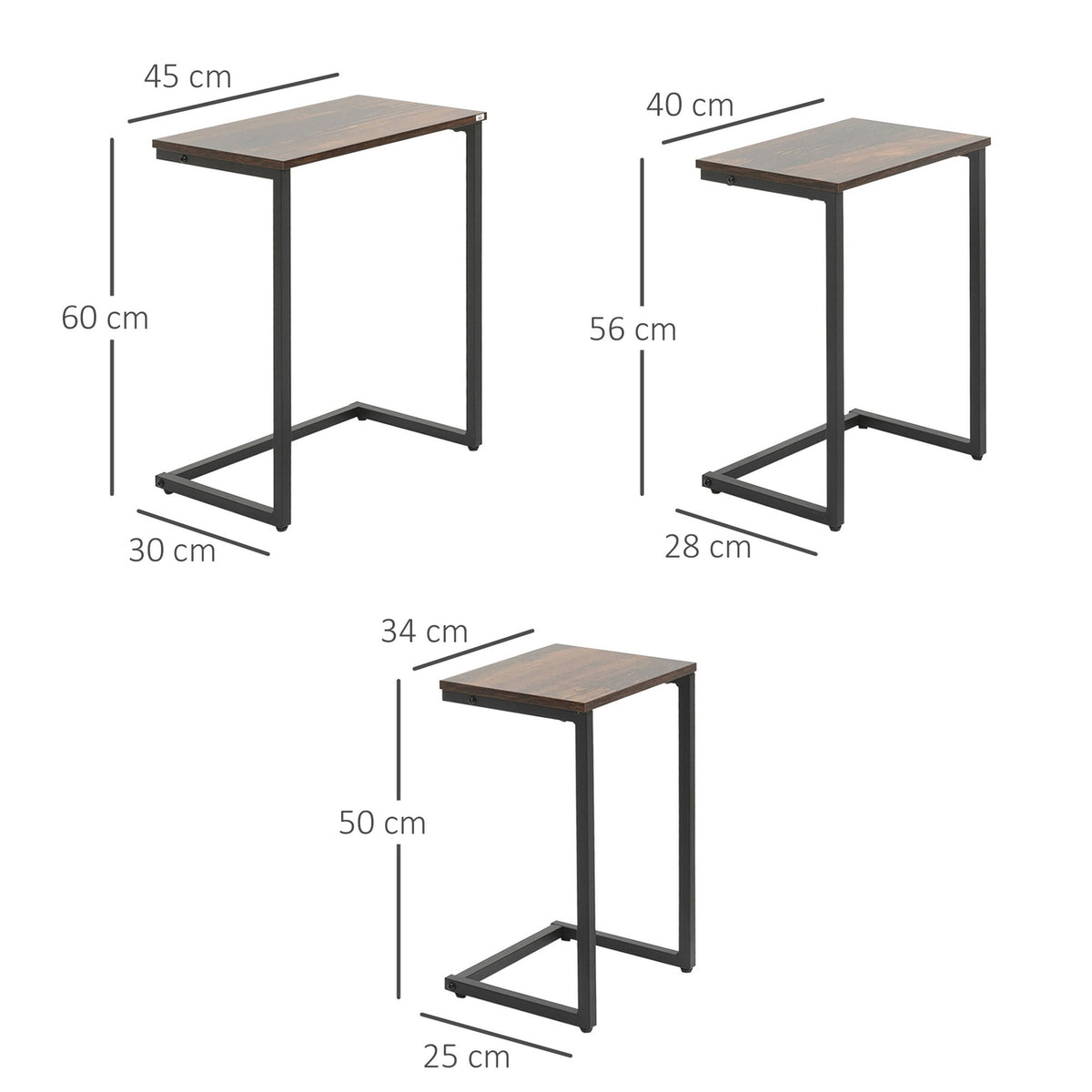 Set Of 3 Side Tables Space Saving C-Shaped Industrial Design Steel Frame For Living Room Rustic Brown