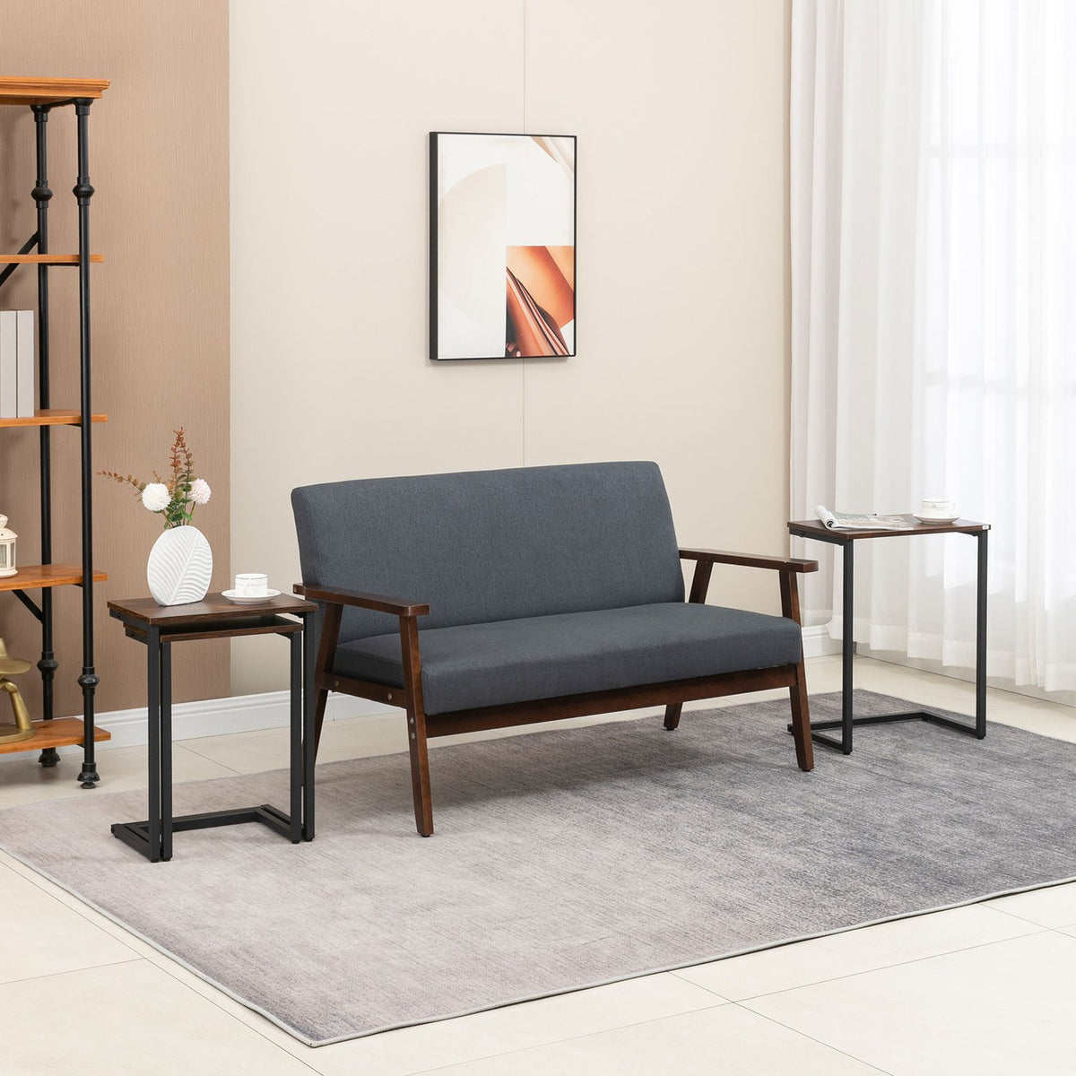 Set Of 3 Side Tables Space Saving C-Shaped Industrial Design Steel Frame For Living Room Rustic Brown