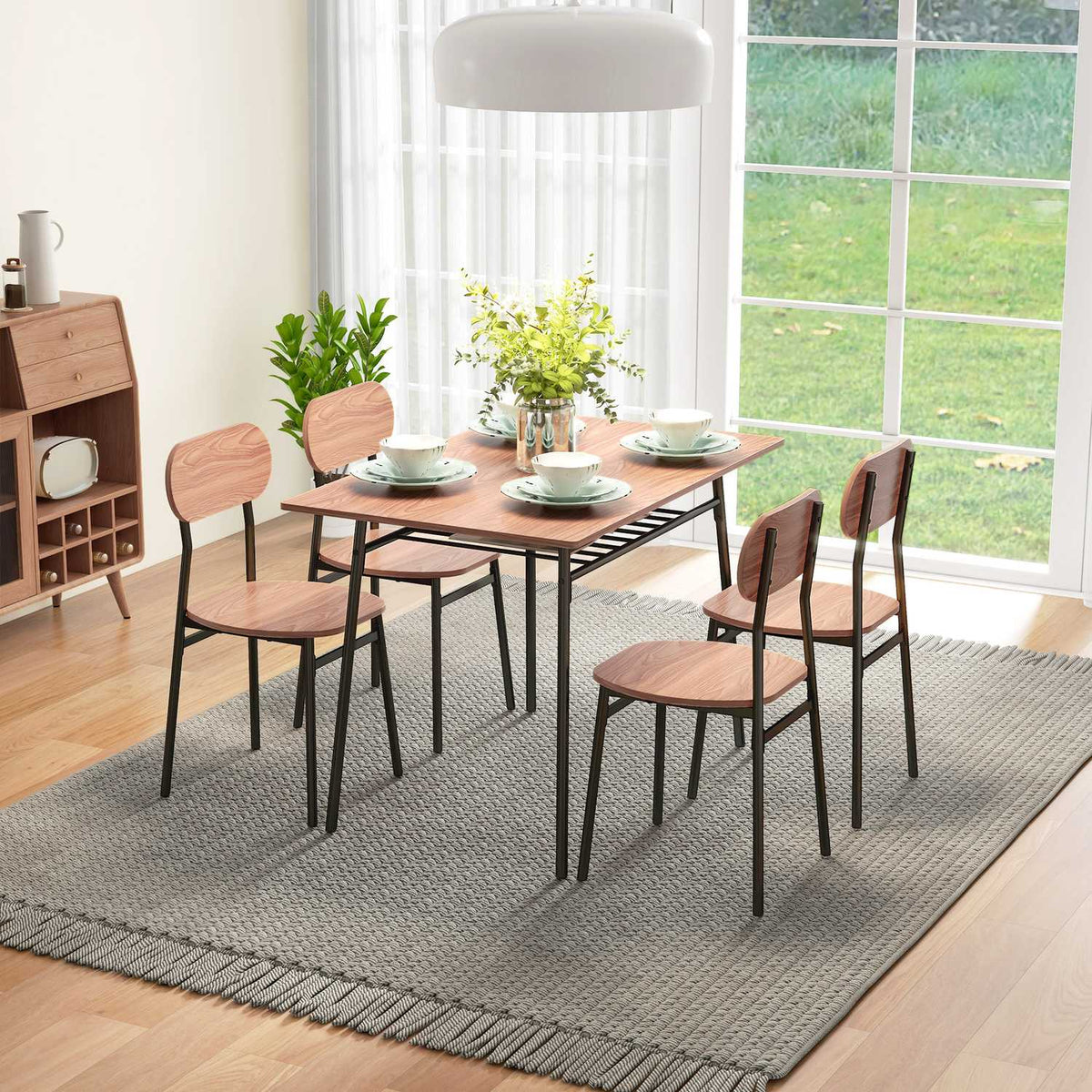 Set Of Dining Table And 4 Chairs, Kitchen Table With Shelf, Teak, Steel, Dining Room Furniture
