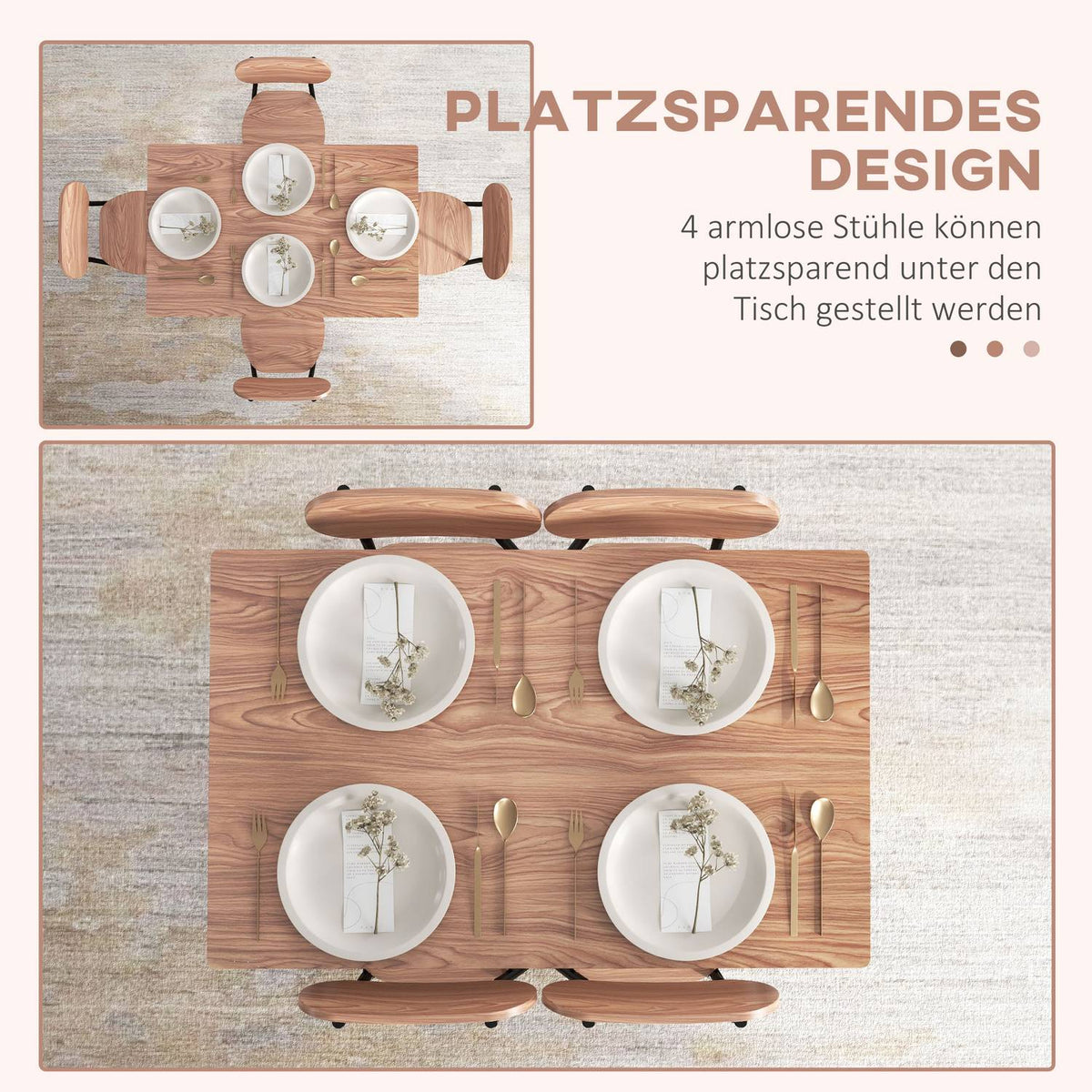 Set Of Dining Table And 4 Chairs, Kitchen Table With Shelf, Teak, Steel, Dining Room Furniture