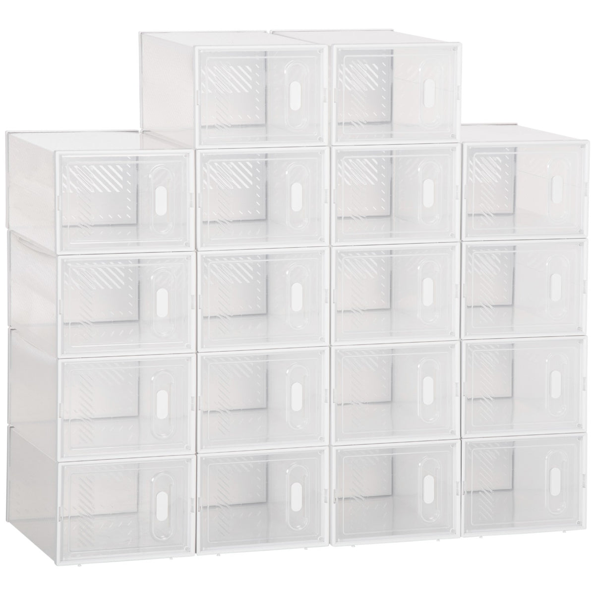 Set of 18 modular shoe storage boxes with transparent doors - dimensions 25L x 35W x 19H cm
