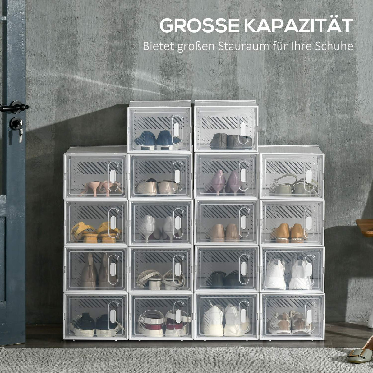 Set of 18 modular shoe storage boxes with transparent doors - dimensions 25L x 35W x 19H cm