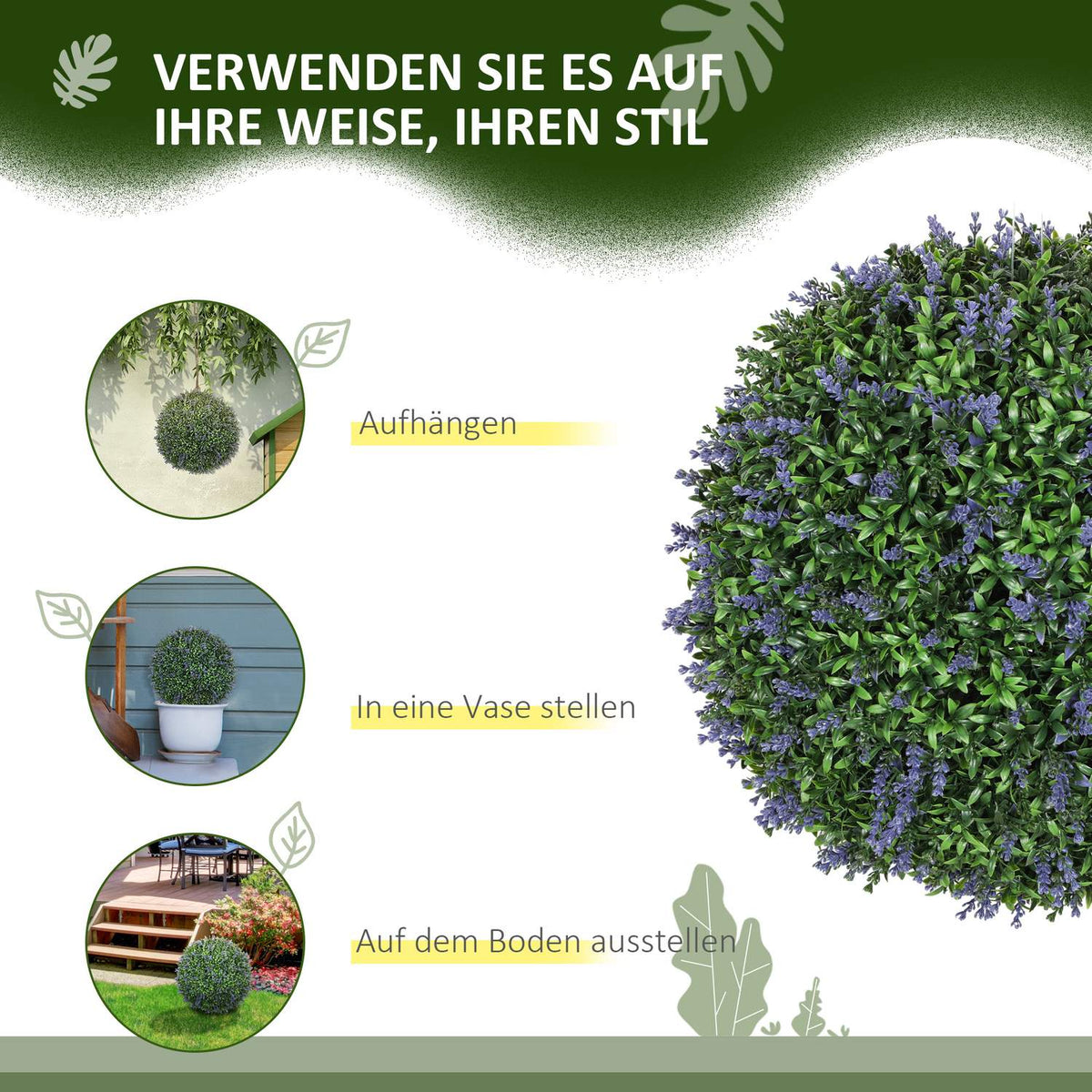 Set of 2 Artificial Lavender, 42 cm Houseplant, Artificial Plant in Ball Shape, Large Decorative Artificial Flowers for Home, Office, Hallway, Garden, Purple + Green