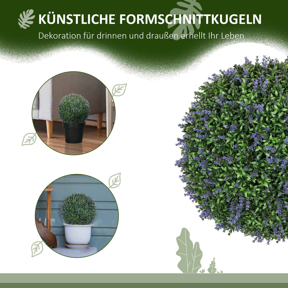 Set of 2 Artificial Lavender, 42 cm Houseplant, Artificial Plant in Ball Shape, Large Decorative Artificial Flowers for Home, Office, Hallway, Garden, Purple + Green