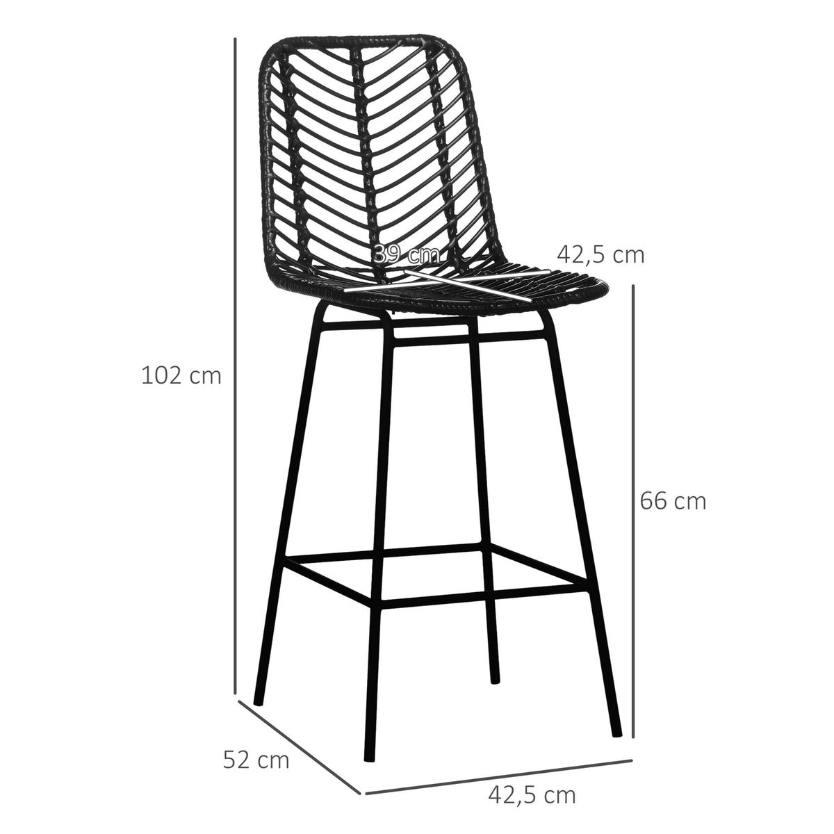 Set of 2 Bar Stools, Bistro Stools with Footrest, Bar Chair, Kitchen Chair with Steel Legs for Living Room, Dining Room, Black, 42.5 x 52 x 102 cm
