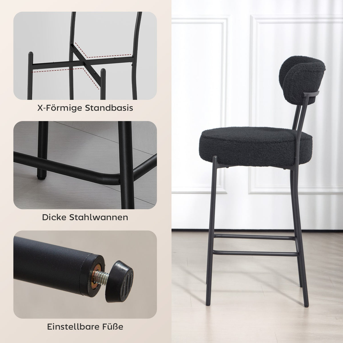 Set of 2 Bar Stools, Padded Seat, Fleece, Black