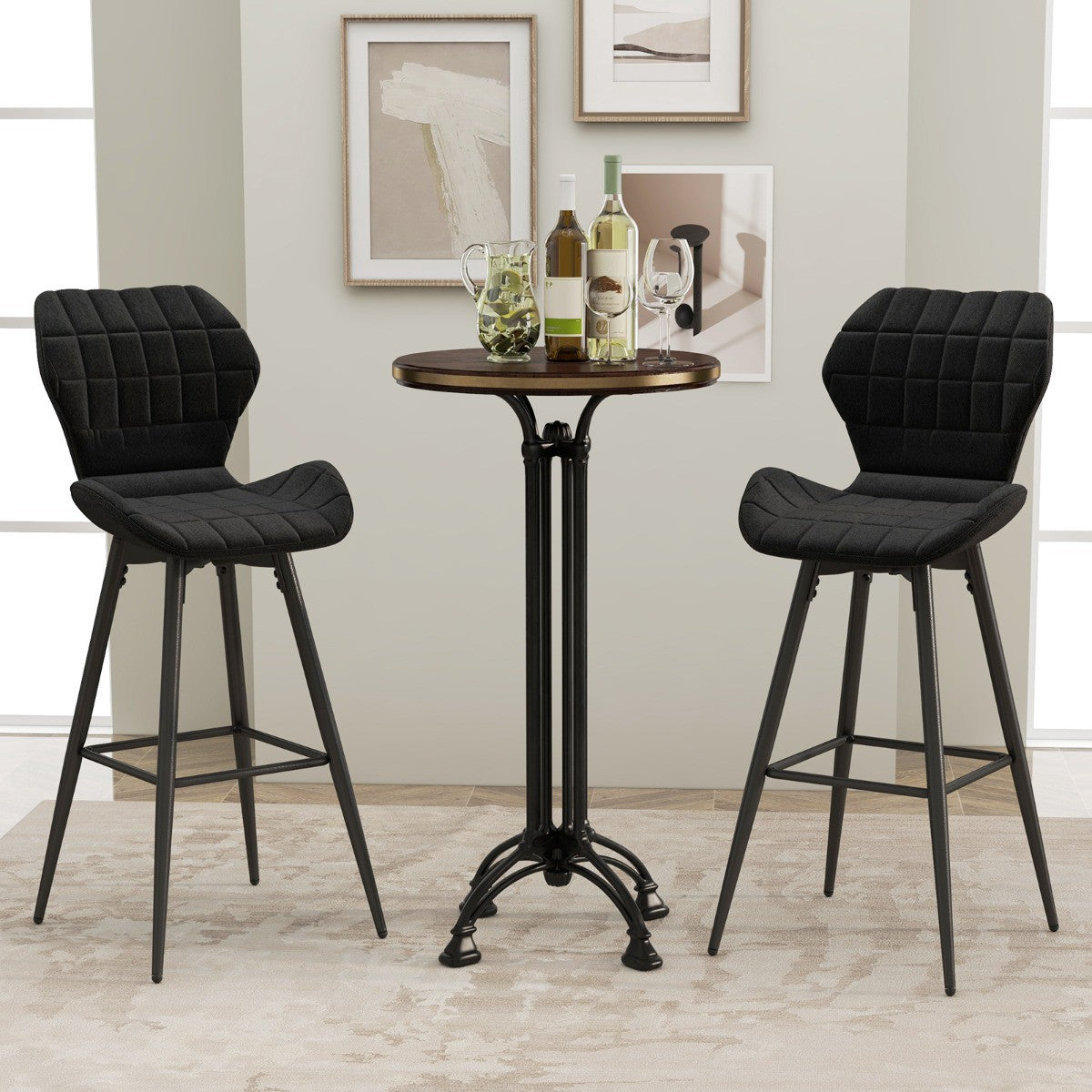 Set of 2 Bar Stools With Backrest, Footrest, Padded Seat